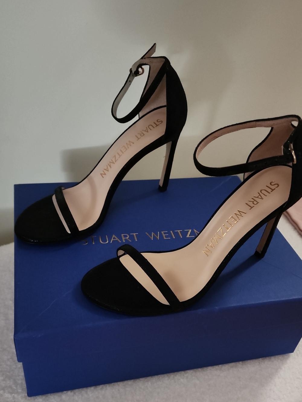 Stuart Weitzman Black Suede Open-Toe Ankle-Strap Heels